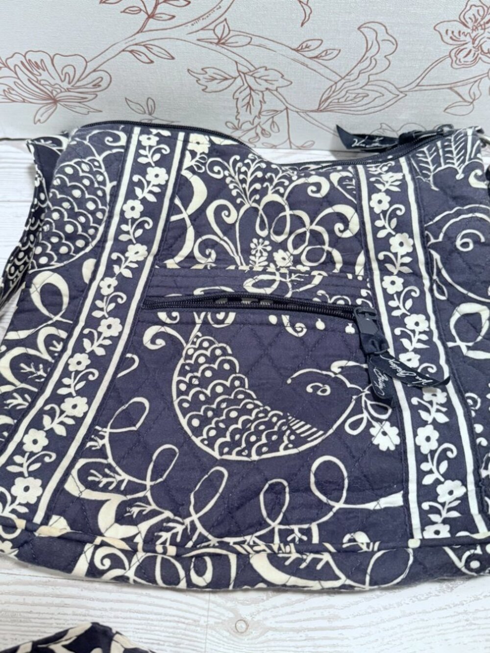 Vera Bradley Retired Twirly Birds Pattern Hipster Crossbody Navy Blue & White